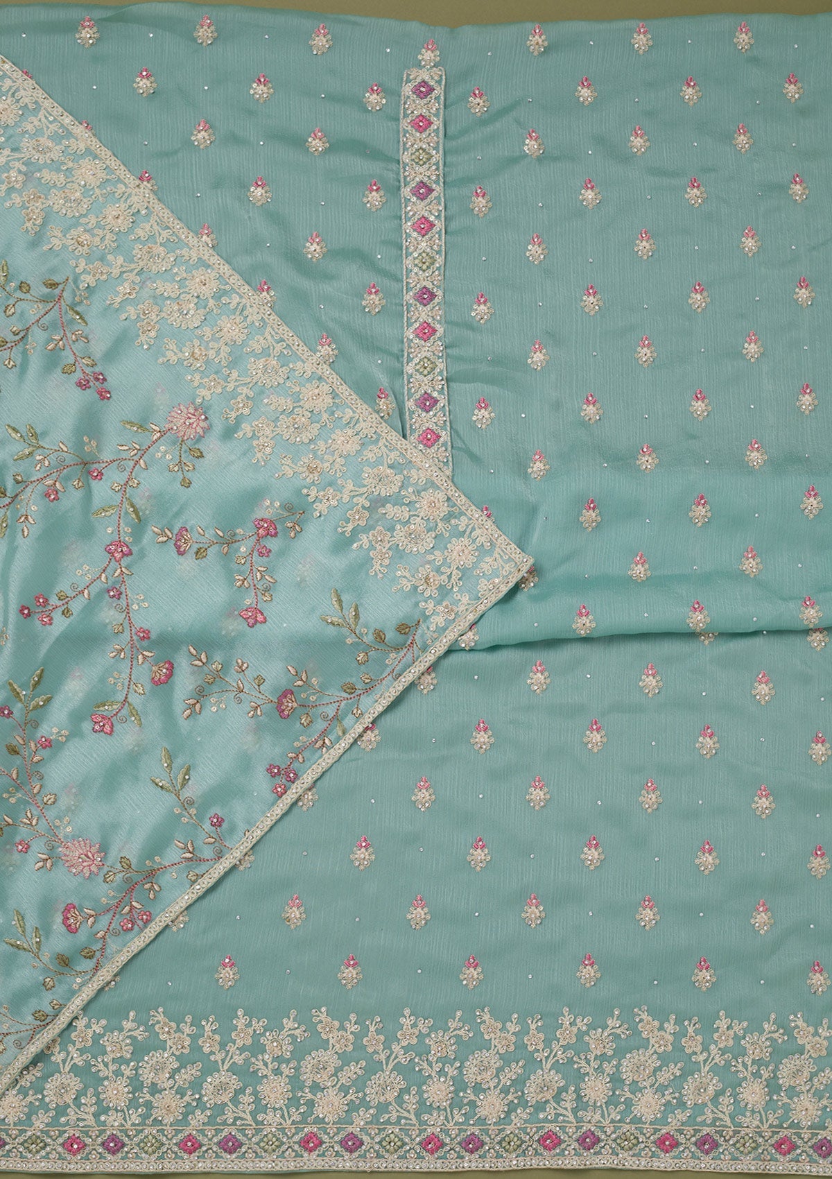 Sea Green Cording Chinon Unstitched Salwar Suit-koskii