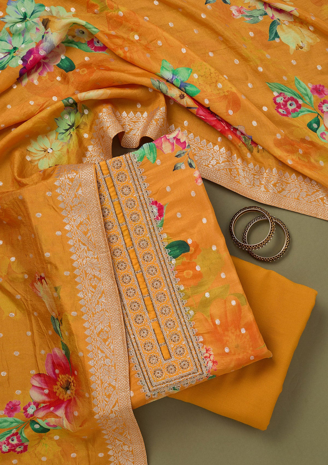 Mustard Zariwork Dola Silk Unstitched Salwar Suit-koskii