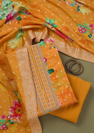 Mustard Zariwork Dola Silk Unstitched Salwar Suit-koskii