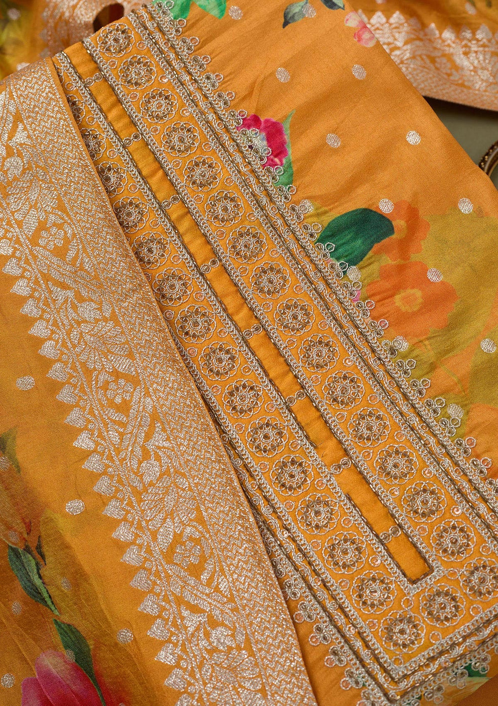 Mustard Zariwork Dola Silk Unstitched Salwar Suit-koskii