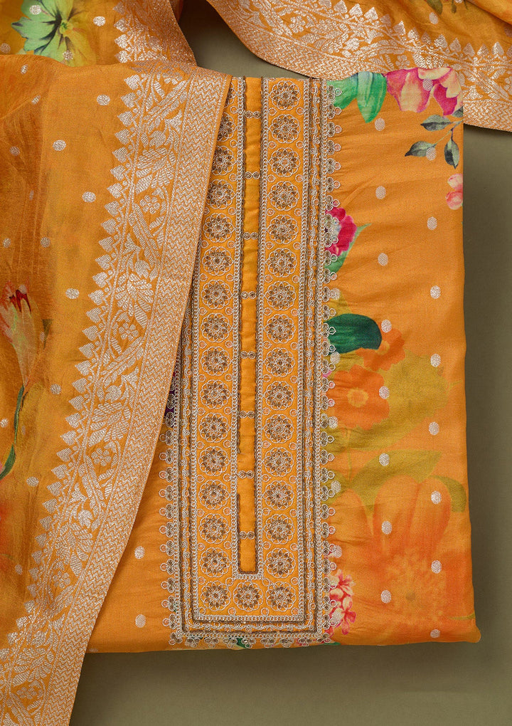 Mustard Zariwork Dola Silk Unstitched Salwar Suit-koskii