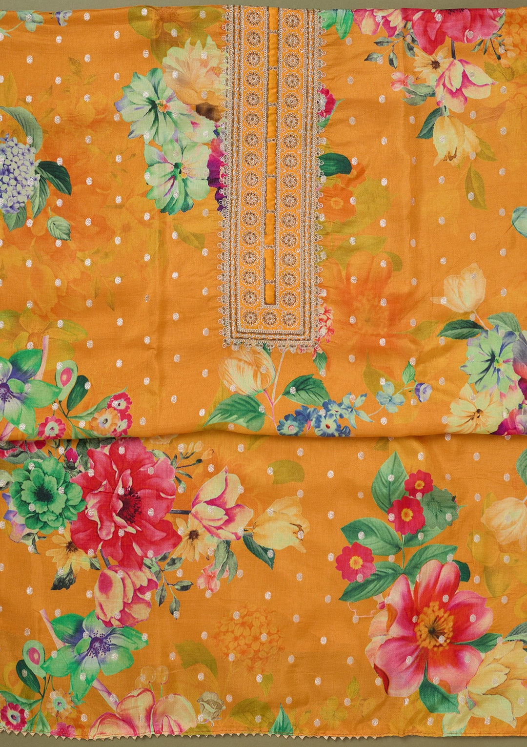 Mustard Zariwork Dola Silk Unstitched Salwar Suit-koskii
