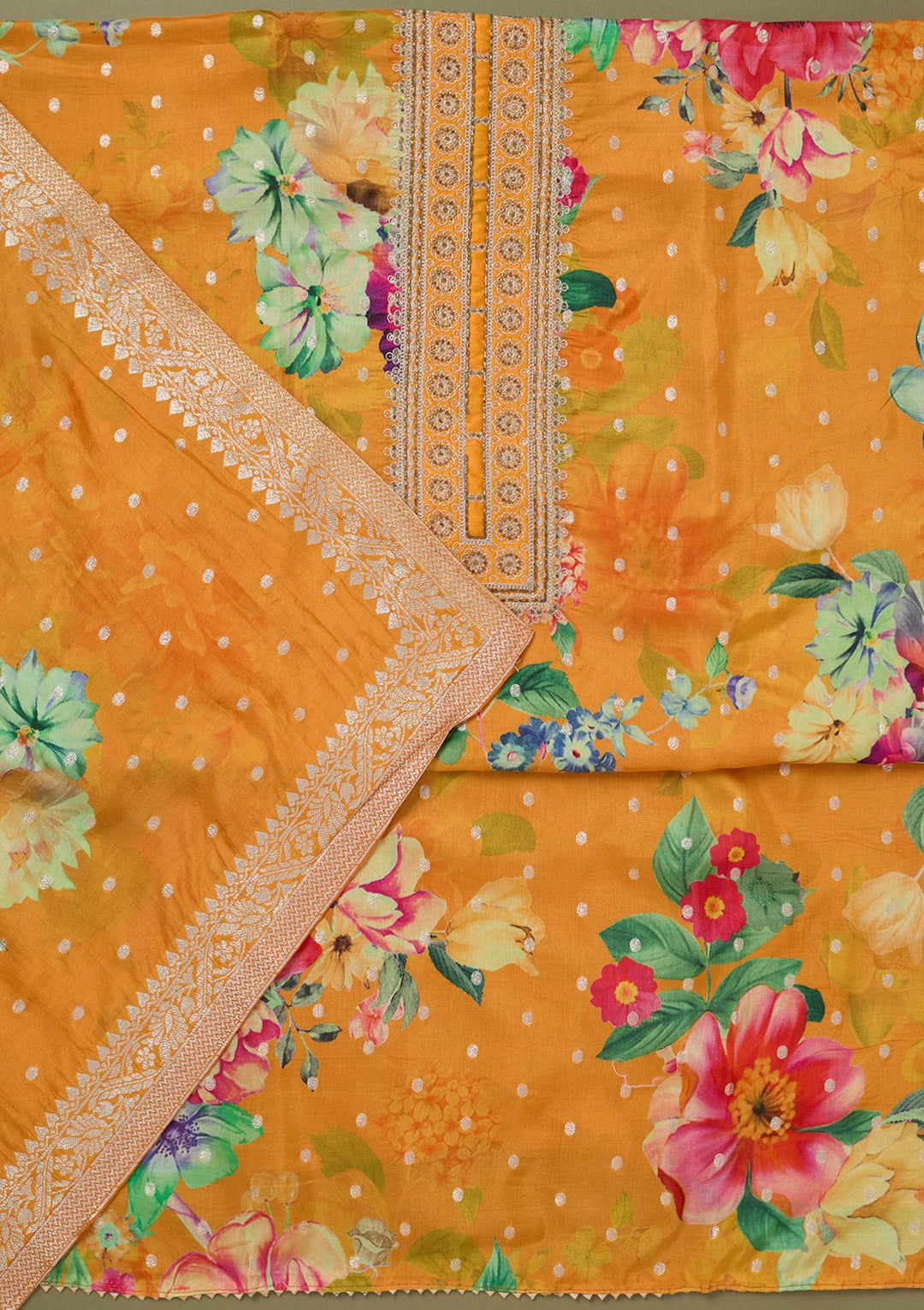 Mustard Zariwork Dola Silk Unstitched Salwar Suit-koskii