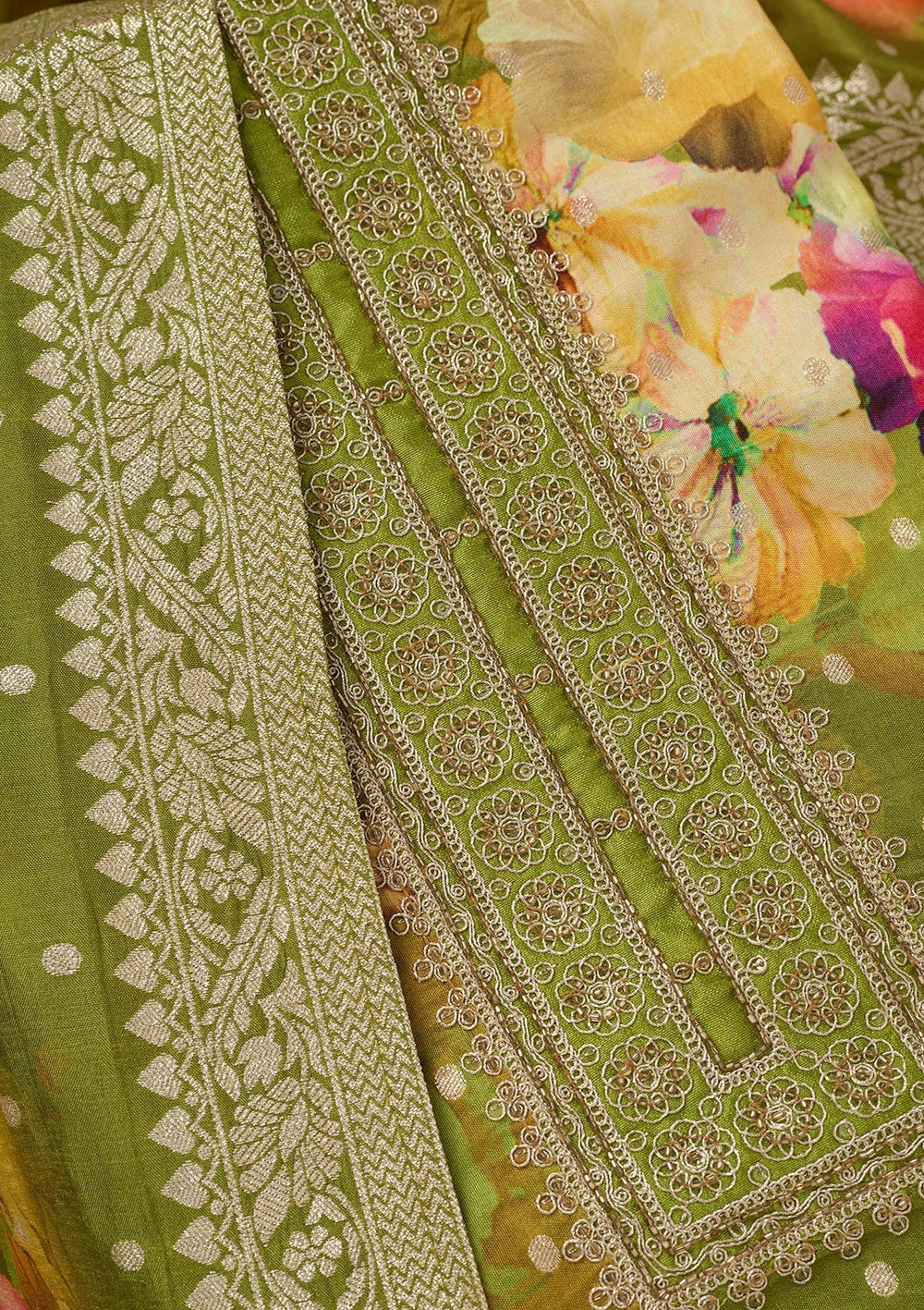 Parrot Green Zariwork Dola Silk Unstitched Salwar Suit-koskii