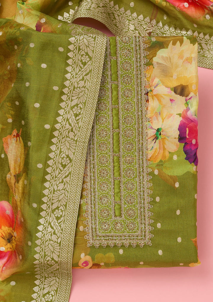 Parrot Green Zariwork Dola Silk Unstitched Salwar Suit-koskii
