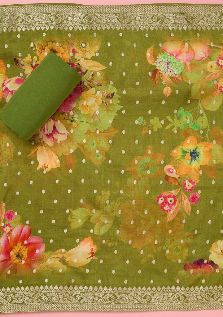 Parrot Green Zariwork Dola Silk Unstitched Salwar Suit-koskii