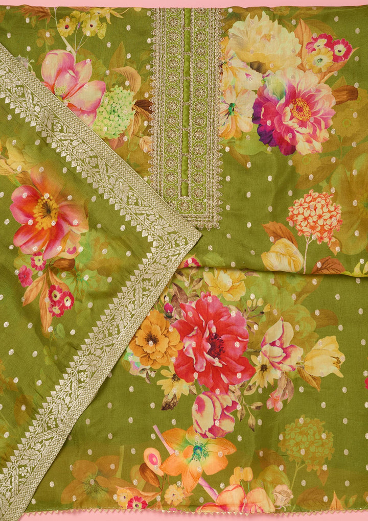 Parrot Green Zariwork Dola Silk Unstitched Salwar Suit-koskii