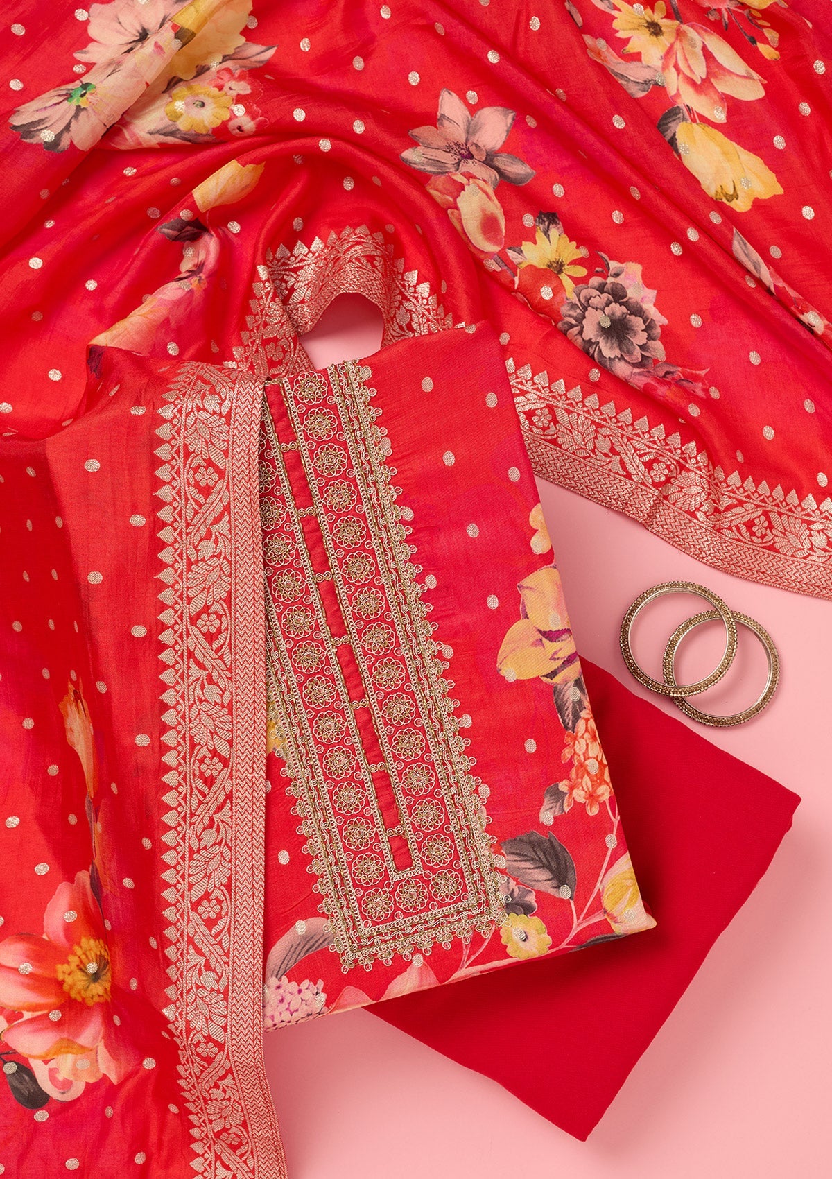 Pink Zariwork Dola Silk Unstitched Salwar Suit-koskii