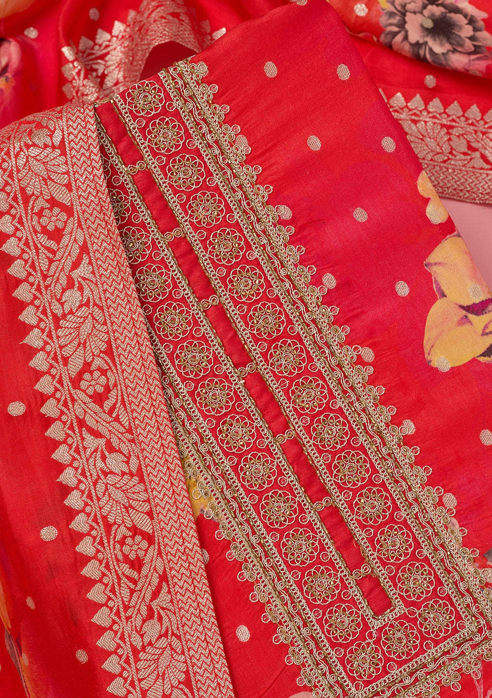 Pink Zariwork Dola Silk Unstitched Salwar Suit-koskii