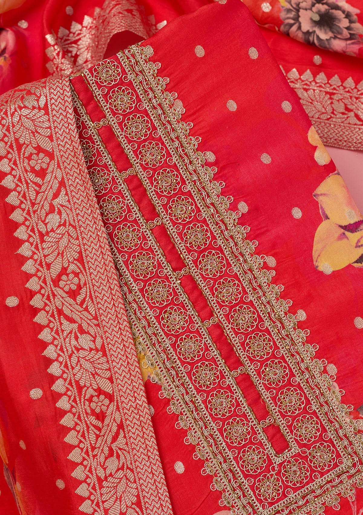 Pink Zariwork Dola Silk Unstitched Salwar Suit-koskii
