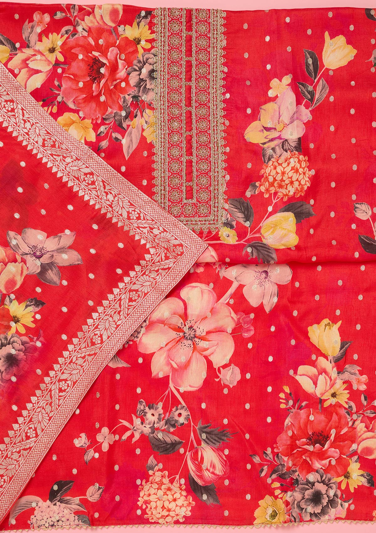 Pink Zariwork Dola Silk Unstitched Salwar Suit-koskii
