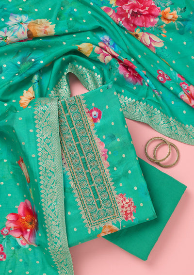 Sea Green Zariwork Dola Silk Unstitched Salwar Suit-koskii