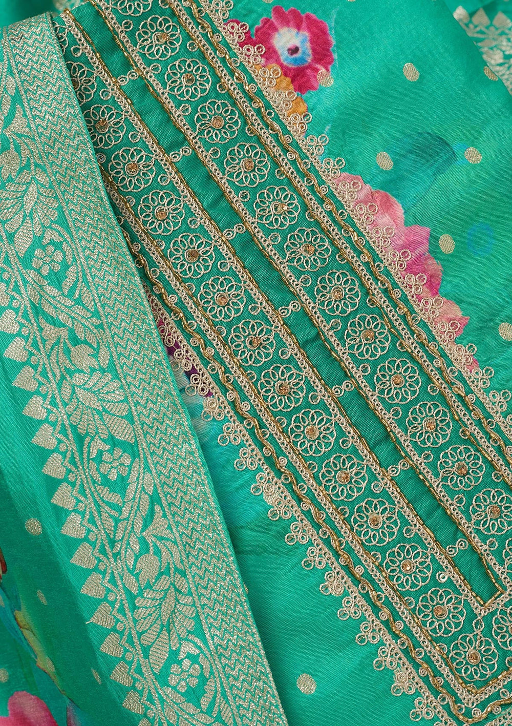 Sea Green Zariwork Dola Silk Unstitched Salwar Suit-koskii