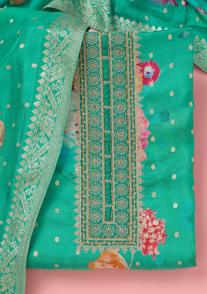 Sea Green Zariwork Dola Silk Unstitched Salwar Suit-koskii