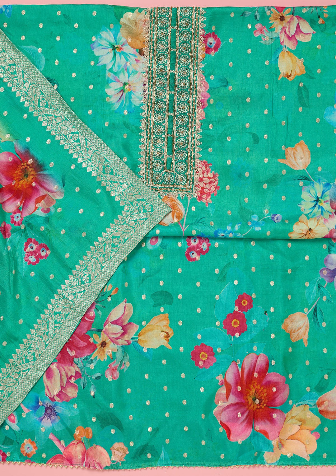 Sea Green Zariwork Dola Silk Unstitched Salwar Suit-koskii