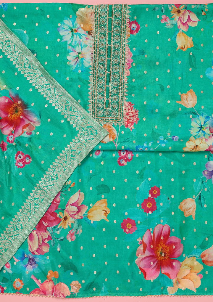Sea Green Zariwork Dola Silk Unstitched Salwar Suit-koskii