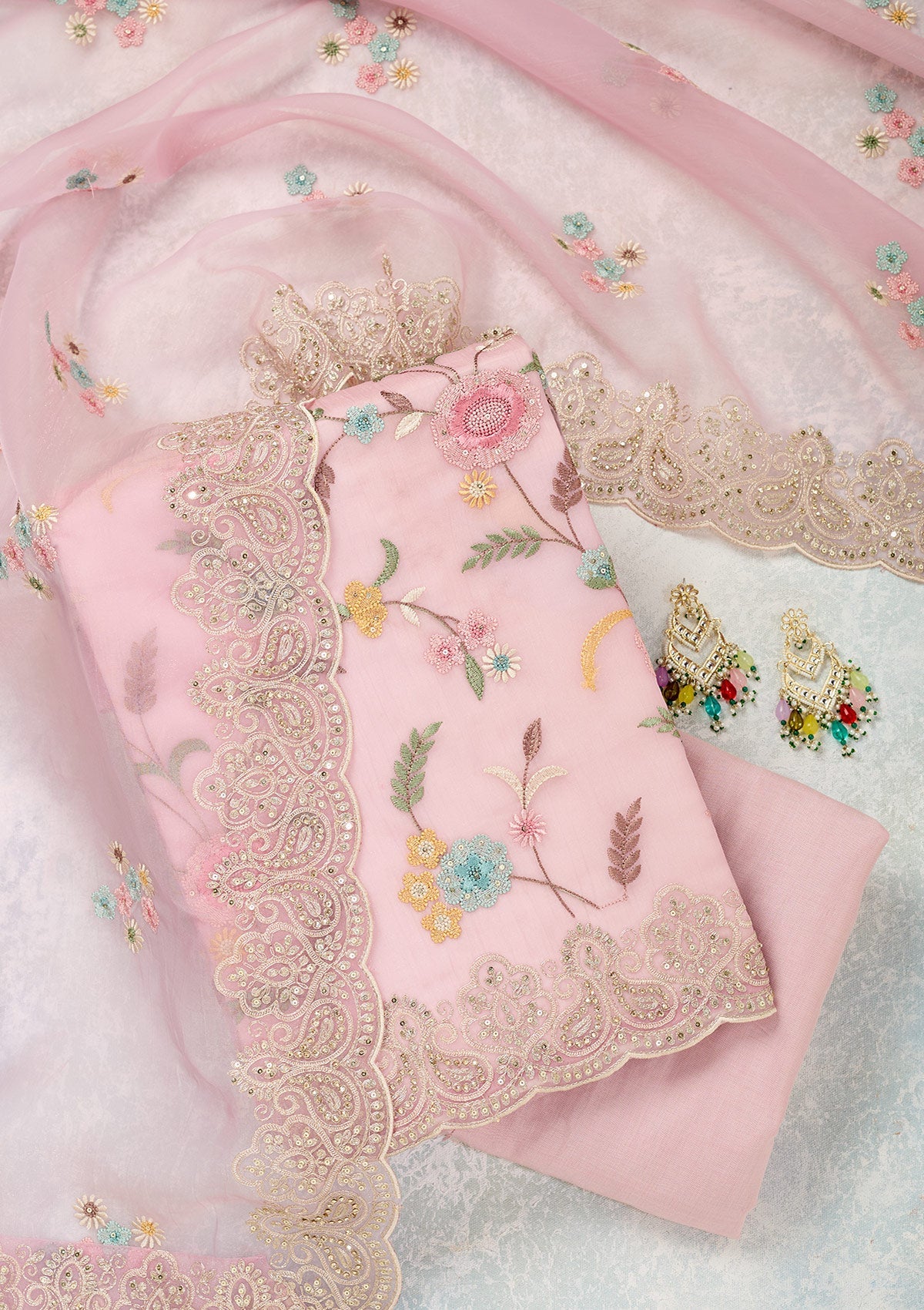 Pink Threadwork Semi Crepe Unstitched Salwar Suit-Koskii