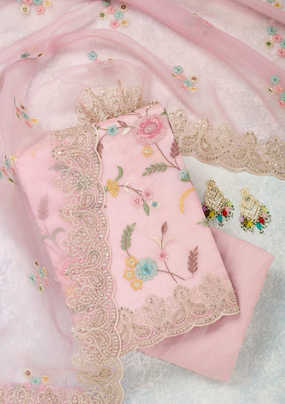 Pink Threadwork Semi Crepe Unstitched Salwar Suit-Koskii