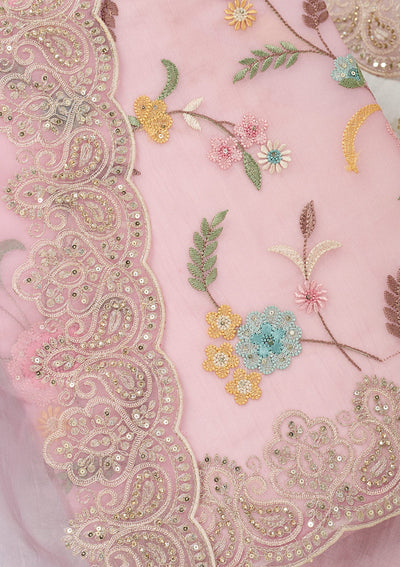Pink Threadwork Semi Crepe Unstitched Salwar Suit-Koskii
