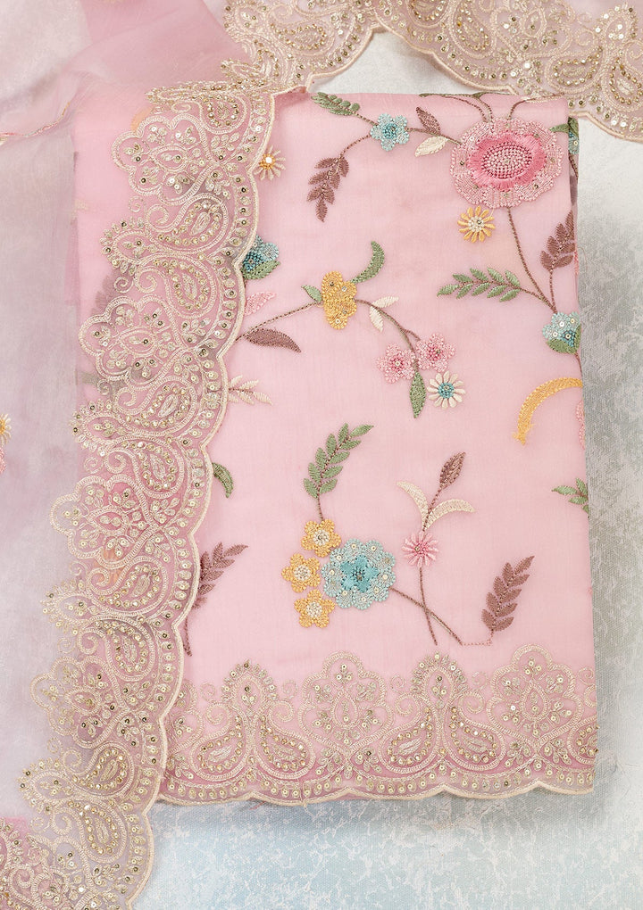 Pink Threadwork Semi Crepe Unstitched Salwar Suit-Koskii