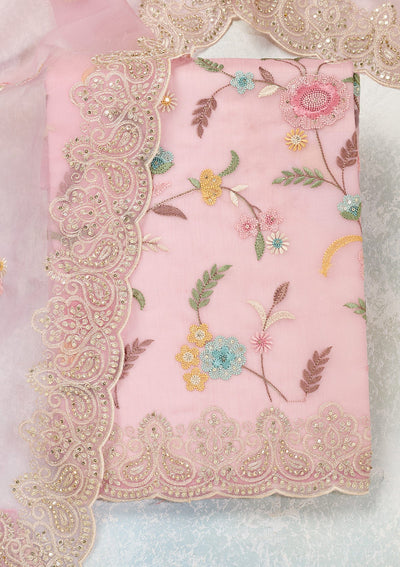 Pink Threadwork Semi Crepe Unstitched Salwar Suit-Koskii