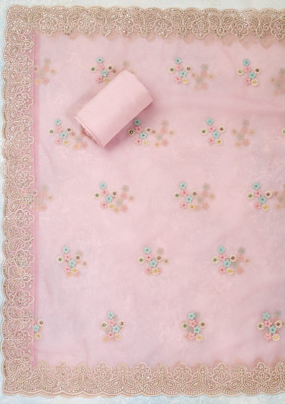 Pink Threadwork Semi Crepe Unstitched Salwar Suit-Koskii