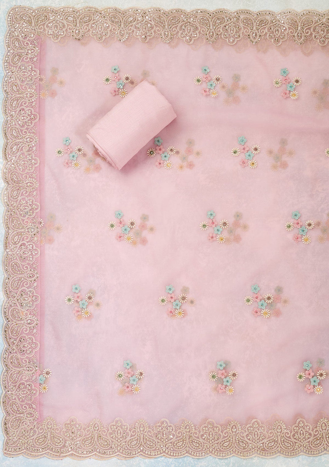 Pink Threadwork Semi Crepe Unstitched Salwar Suit-Koskii