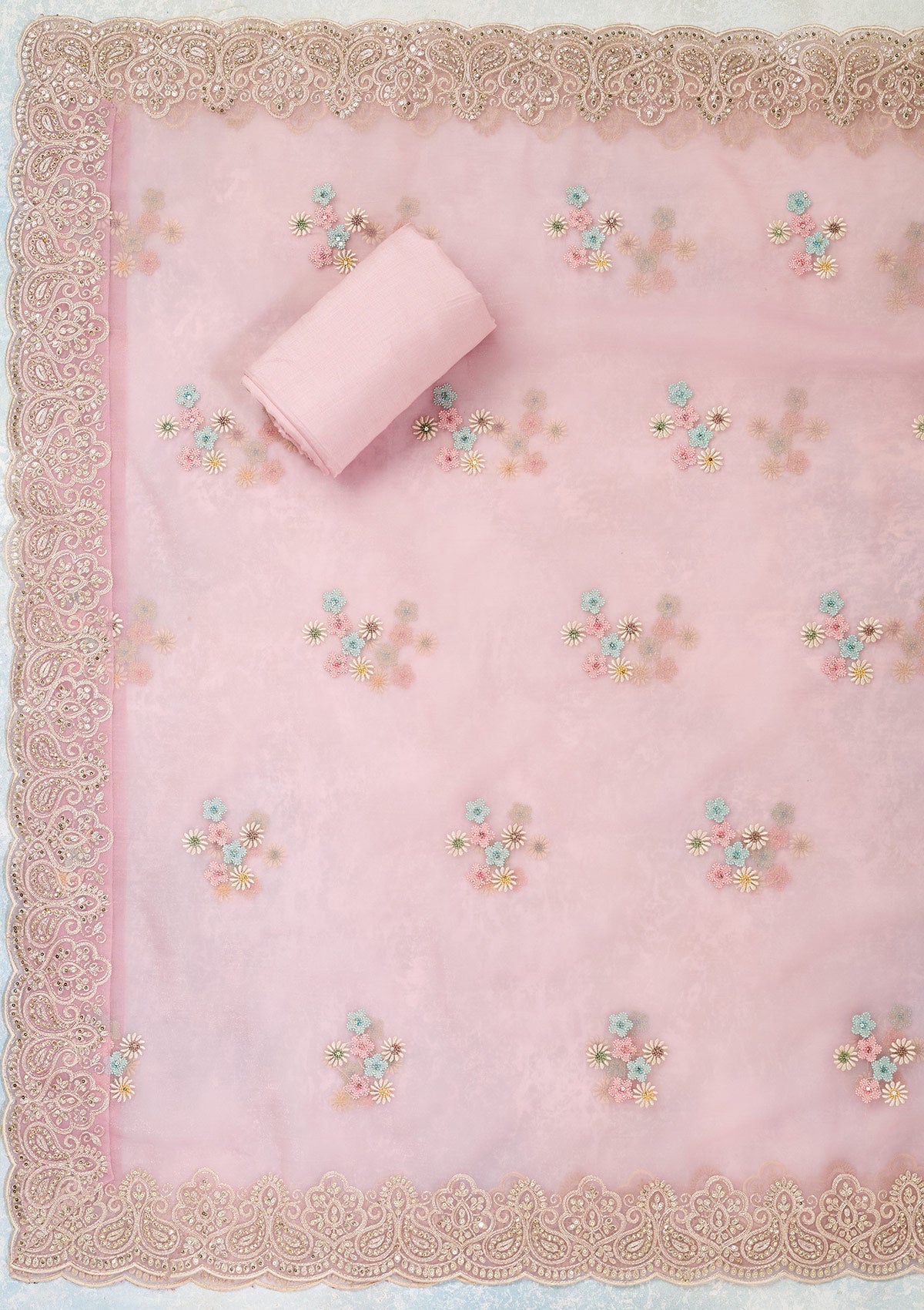 Pink Threadwork Semi Crepe Unstitched Salwar Suit-Koskii