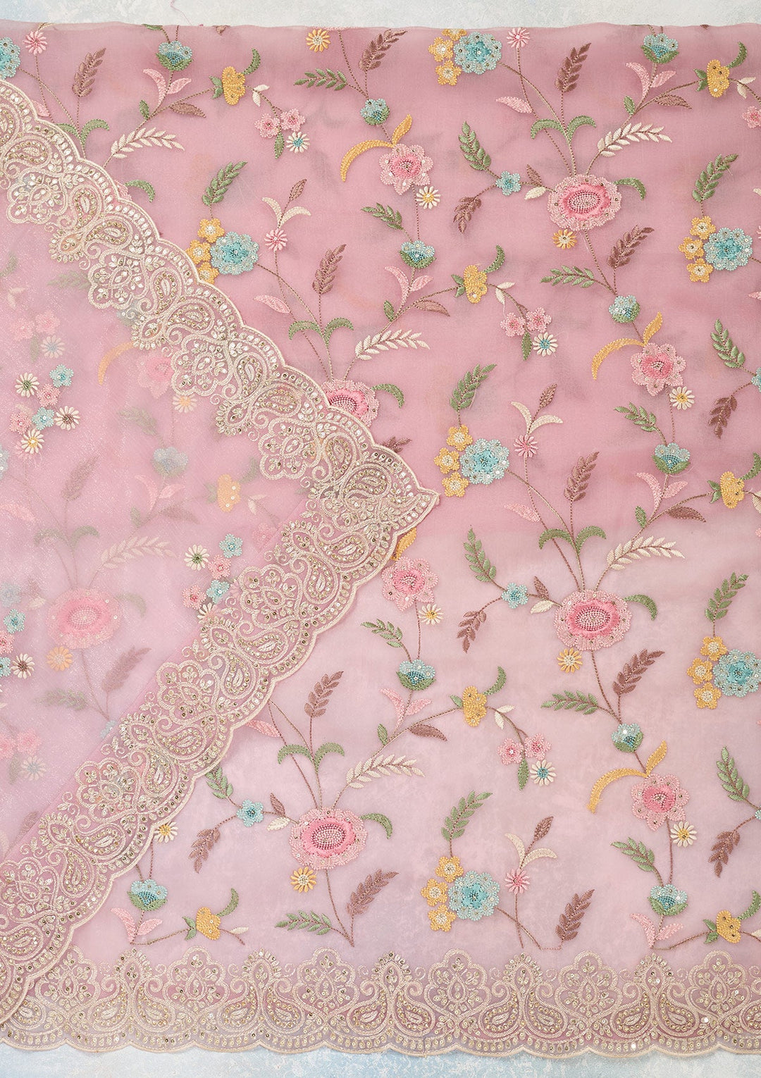 Pink Threadwork Semi Crepe Unstitched Salwar Suit-Koskii