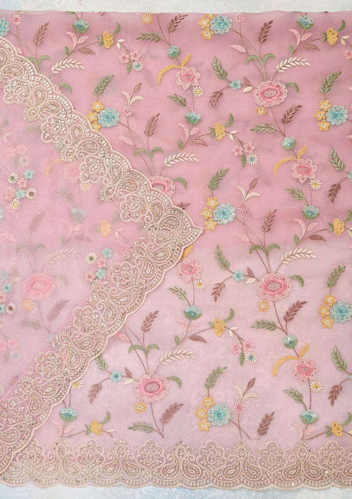 Pink Threadwork Semi Crepe Unstitched Salwar Suit-Koskii