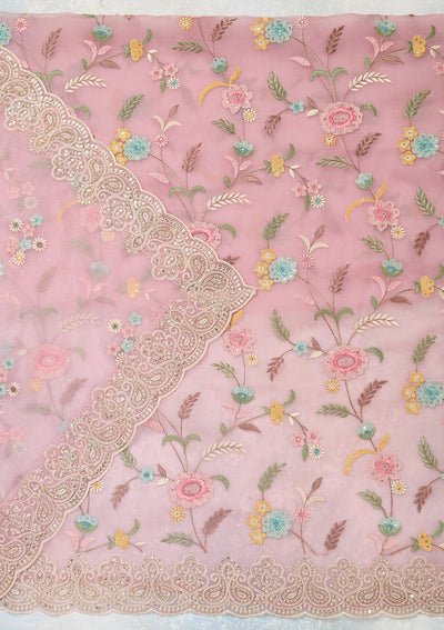 Pink Threadwork Semi Crepe Unstitched Salwar Suit-Koskii