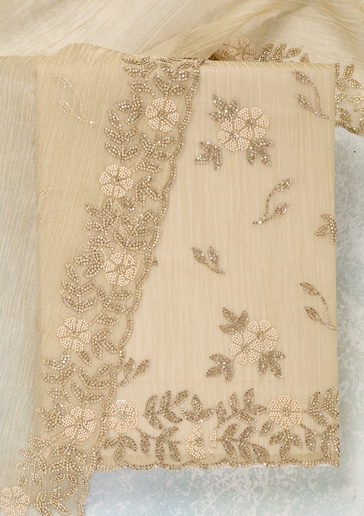 Beige Stonework Tissue Unstitched Salwar Suit-Koskii