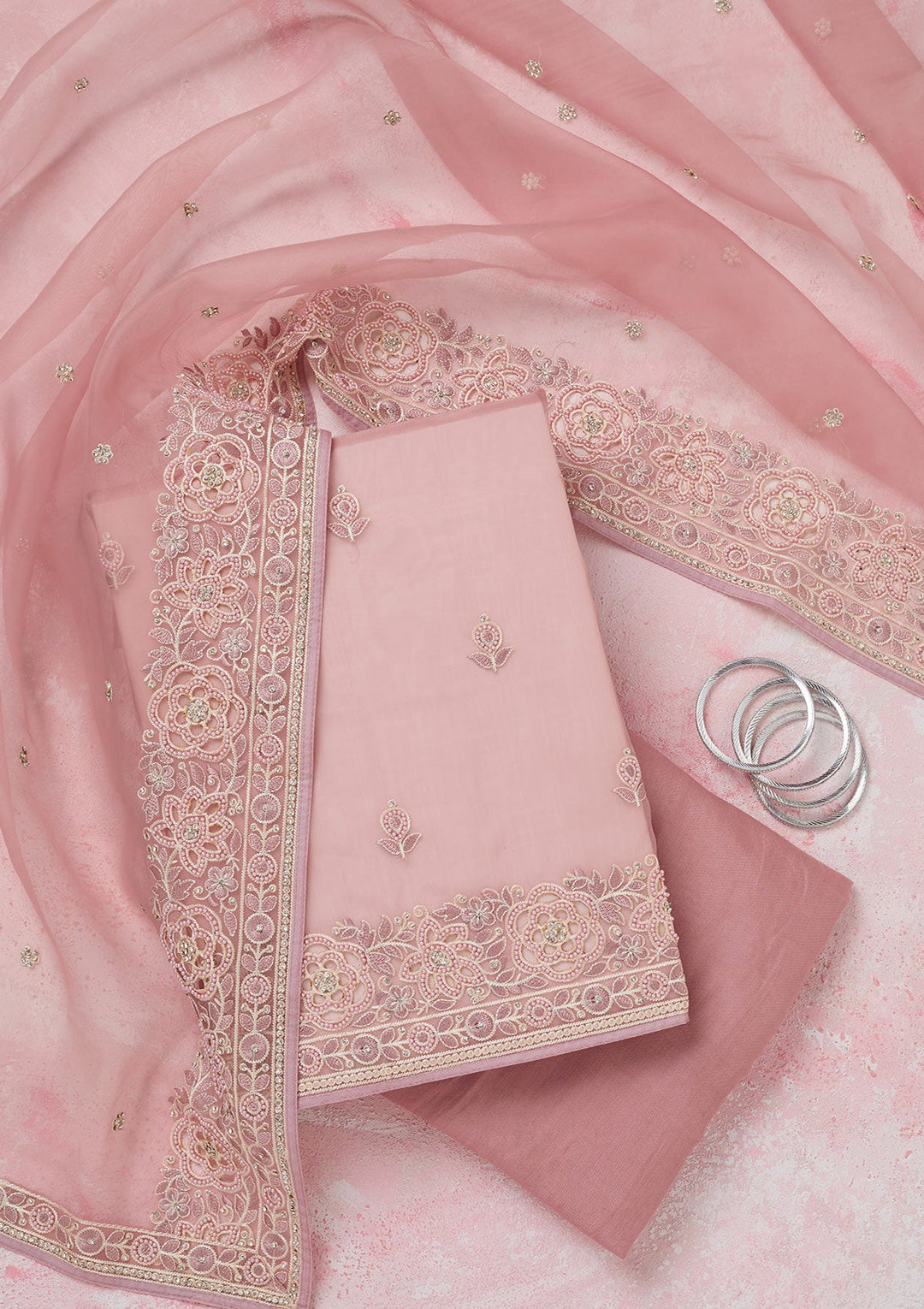 Baby Pink Silver Stonework Organza Unstitched Salwar Suit-koskii