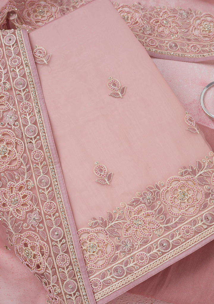 Baby Pink Silver Stonework Organza Unstitched Salwar Suit-koskii