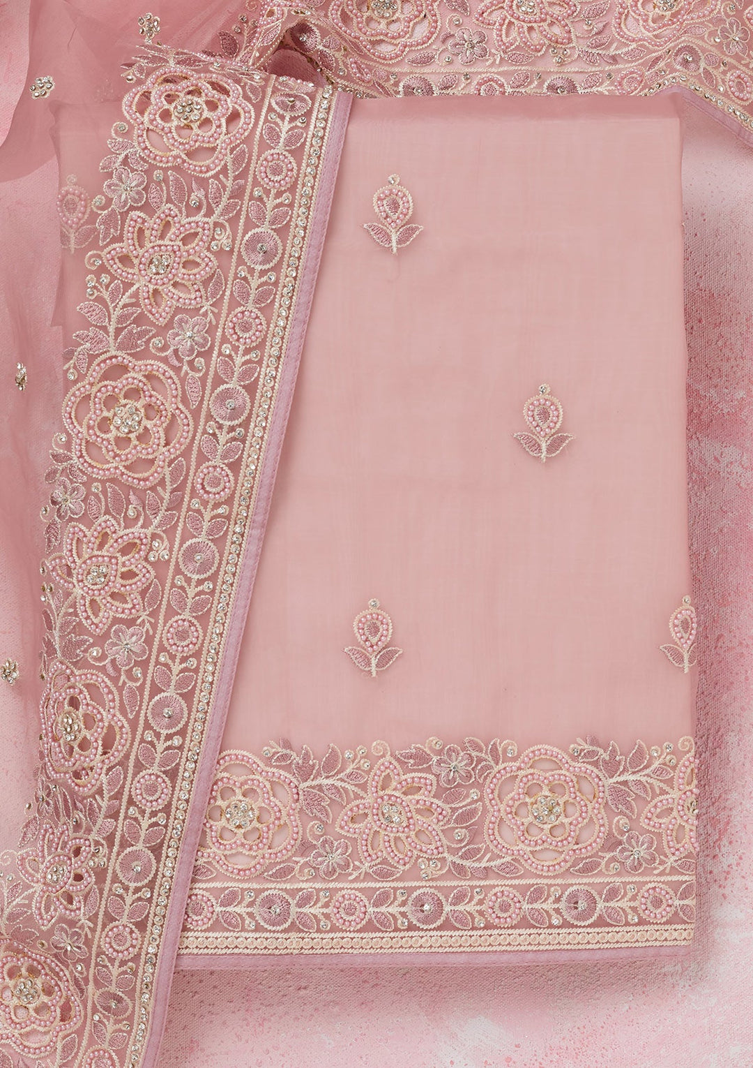 Baby Pink Silver Stonework Organza Unstitched Salwar Suit-koskii