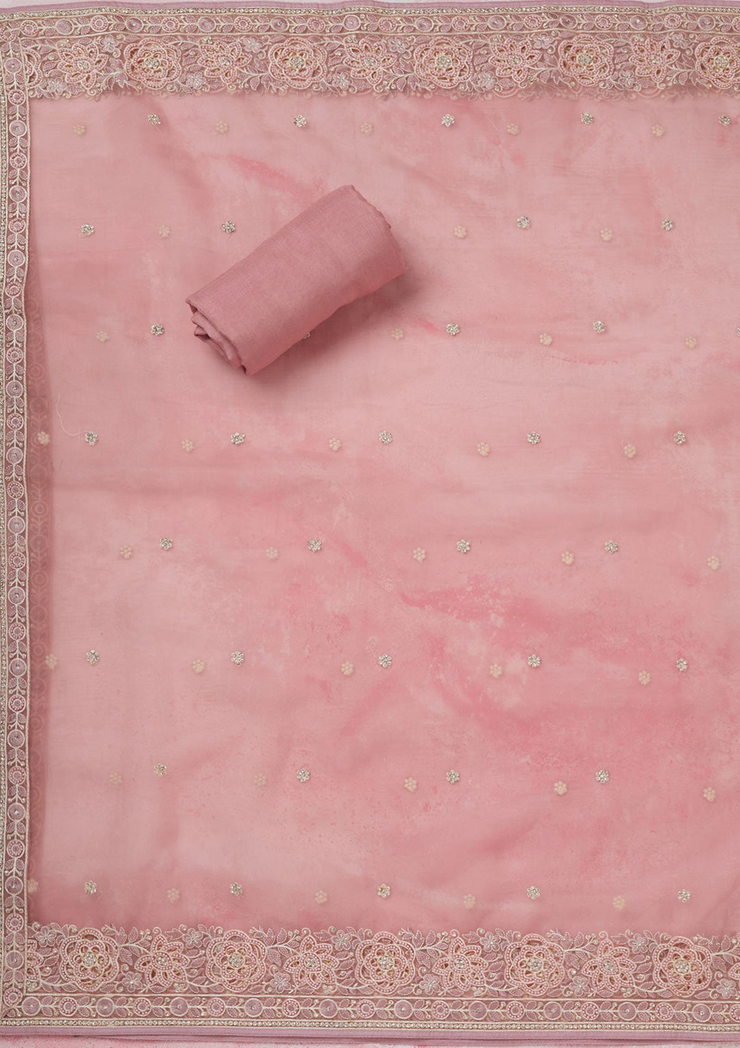 Baby Pink Silver Stonework Organza Unstitched Salwar Suit-koskii