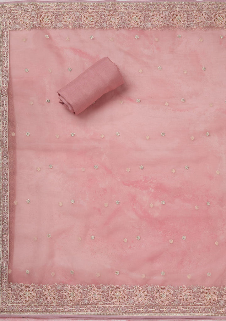 Baby Pink Silver Stonework Organza Unstitched Salwar Suit-koskii