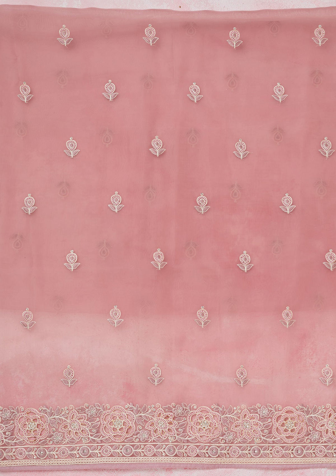 Baby Pink Silver Stonework Organza Unstitched Salwar Suit-koskii