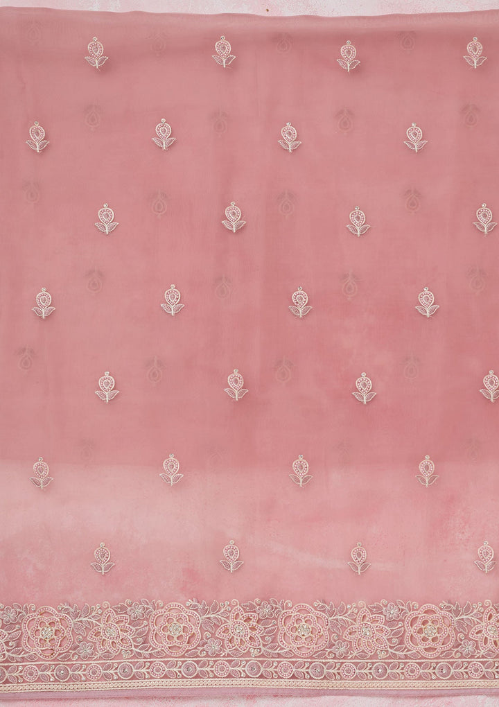 Baby Pink Silver Stonework Organza Unstitched Salwar Suit-koskii
