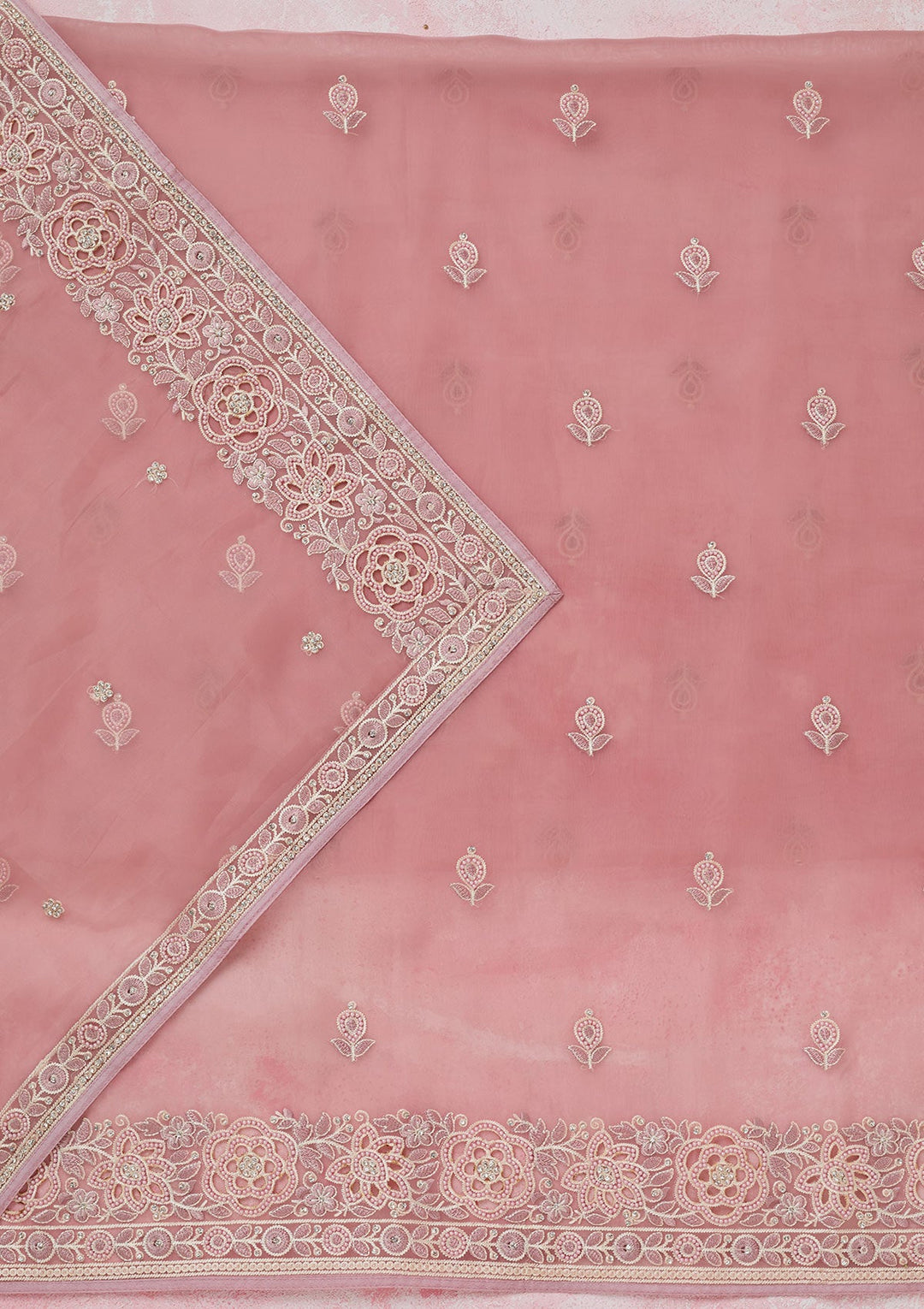 Baby Pink Silver Stonework Organza Unstitched Salwar Suit-koskii