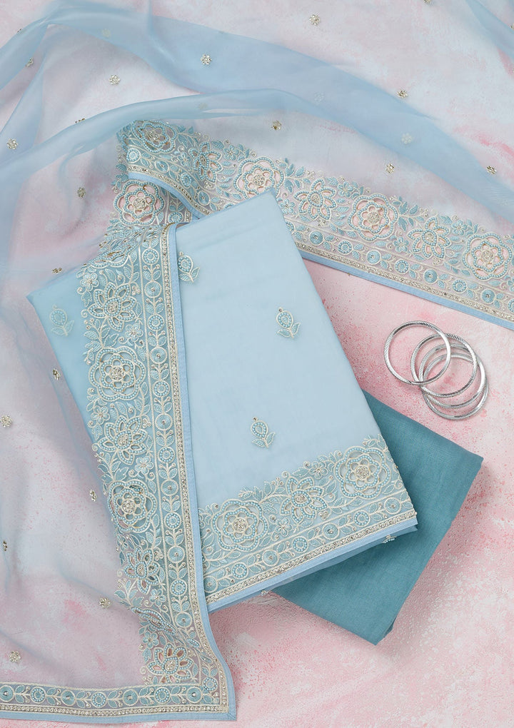 Sky Blue Threadwork Semi Crepe Unstitched Salwar Suit-koskii