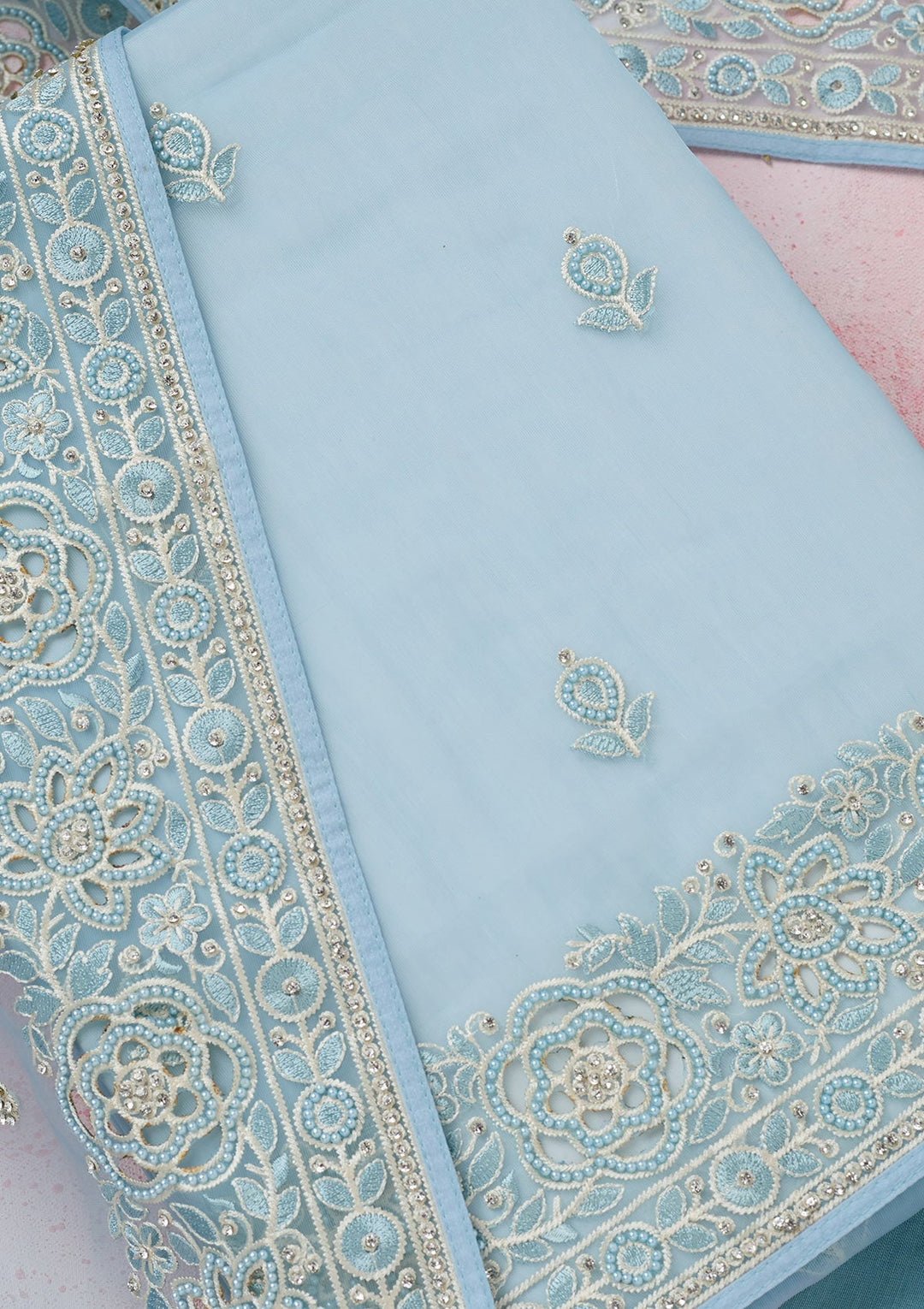 Sky Blue Threadwork Semi Crepe Unstitched Salwar Suit-koskii