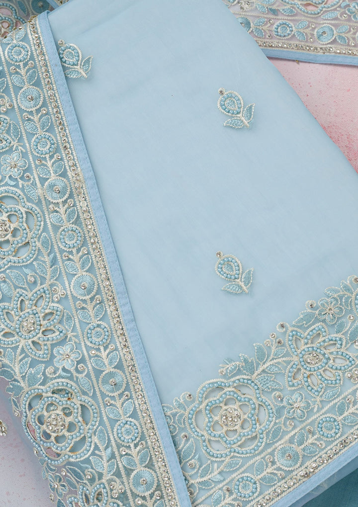 Sky Blue Threadwork Semi Crepe Unstitched Salwar Suit-koskii