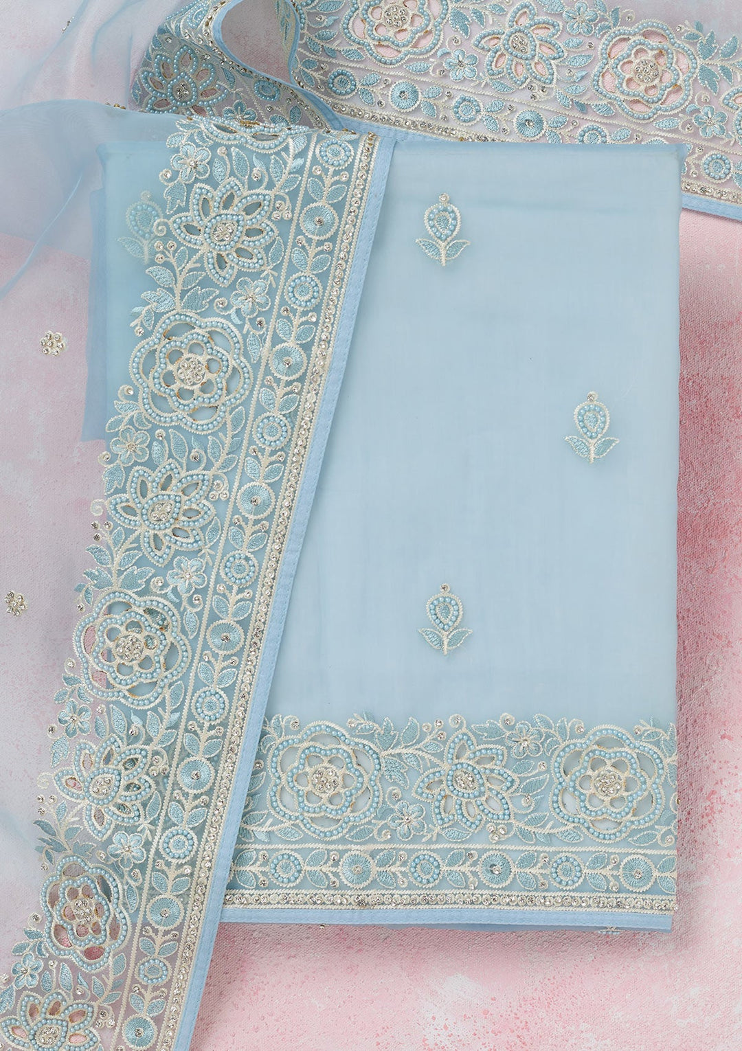 Sky Blue Threadwork Semi Crepe Unstitched Salwar Suit-koskii