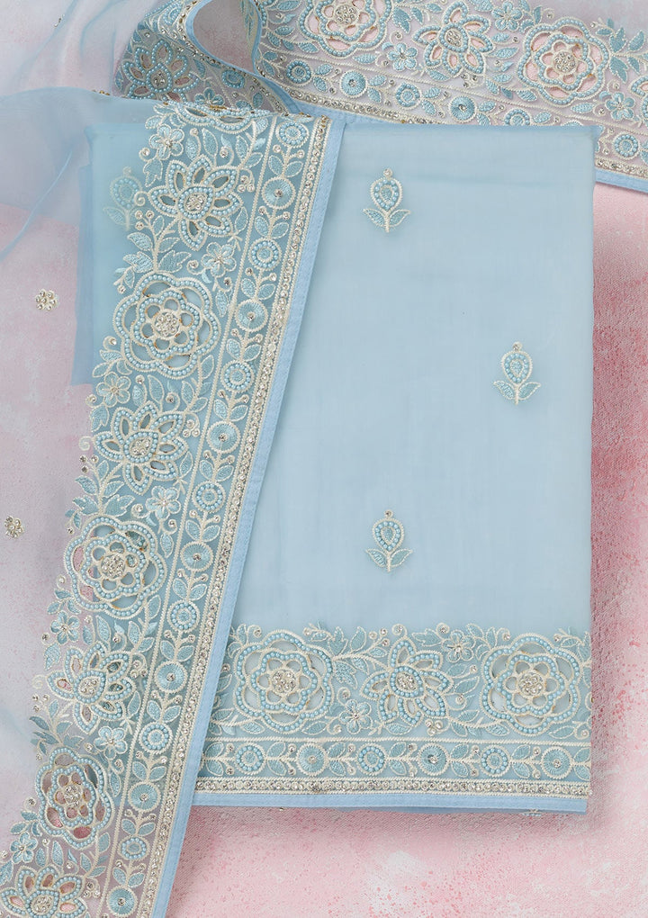 Sky Blue Threadwork Semi Crepe Unstitched Salwar Suit-koskii