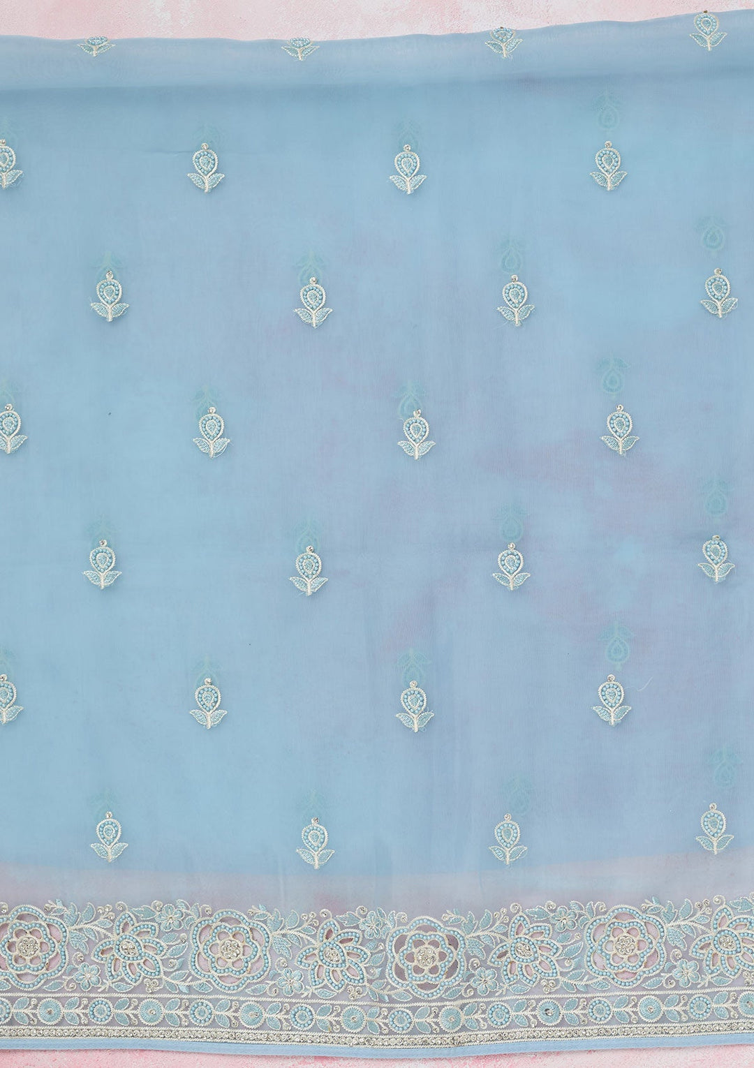Sky Blue Threadwork Semi Crepe Unstitched Salwar Suit-koskii