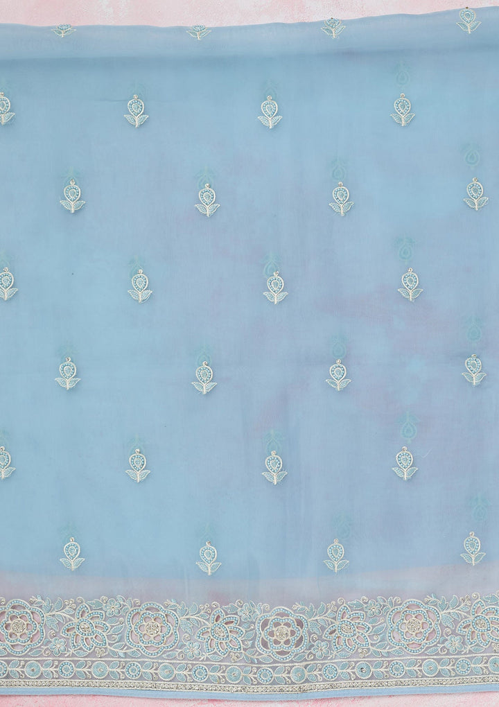 Sky Blue Threadwork Semi Crepe Unstitched Salwar Suit-koskii