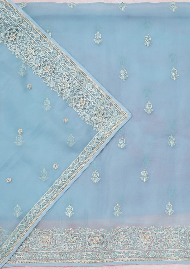 Sky Blue Threadwork Semi Crepe Unstitched Salwar Suit-koskii