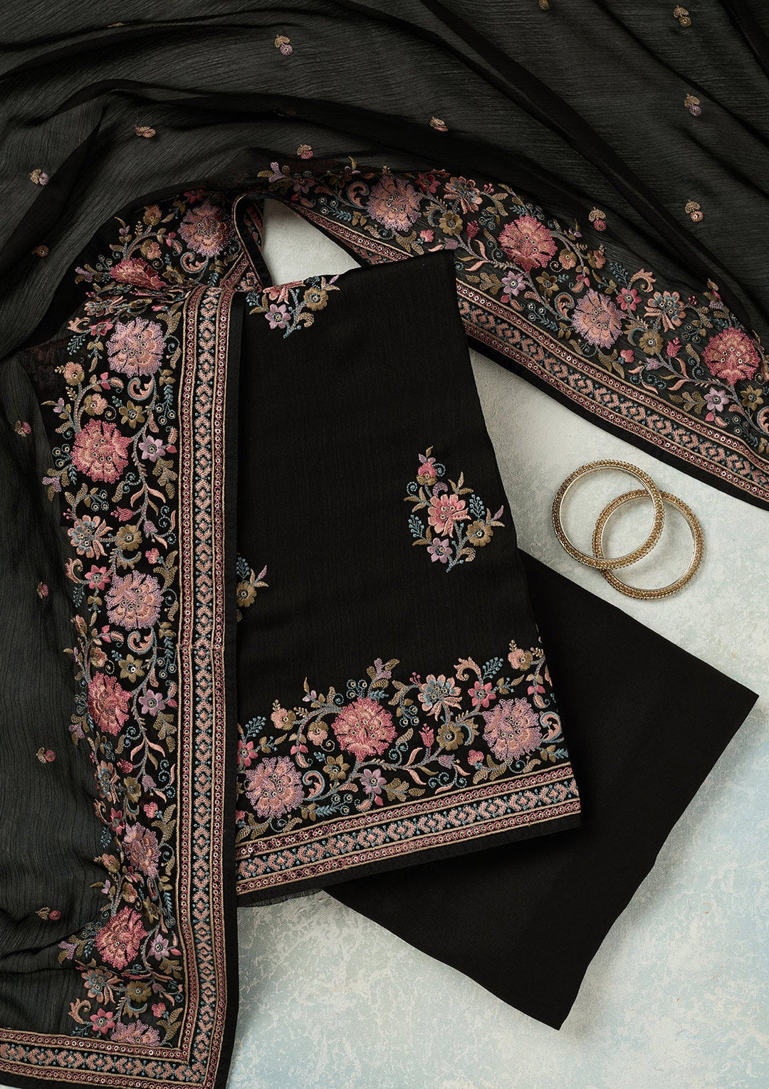 Black Kashmiri Chinon Unstitched Salwar Suit-koskii