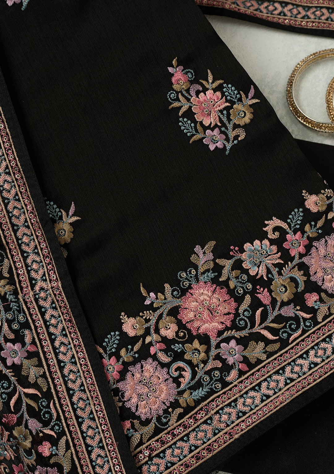 Black Kashmiri Chinon Unstitched Salwar Suit-koskii